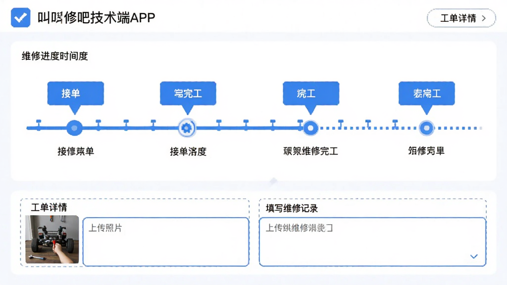 叫我修吧技术端APP的工单详情页面,展示维修进度时间轴,从接单到完工各节点清晰标注,页面下方有上传照片和填写维修记录的输入框,整体排版整洁,蓝白色调,画面清晰无杂乱元素。