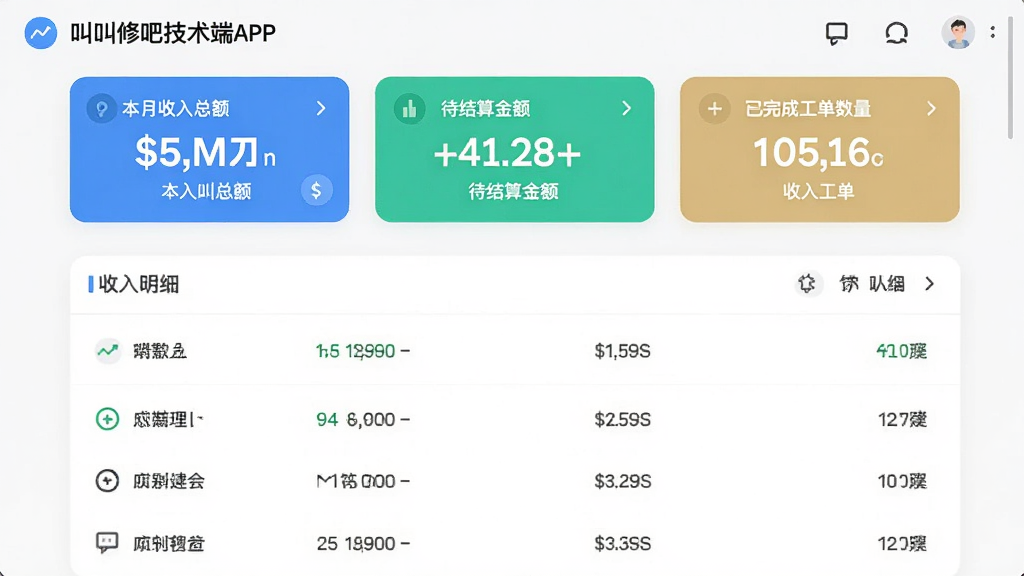 叫我修吧技术端APP的收入统计页面,显示本月收入总额、待结算金额和已完成工单数量,下方有收入明细列表,整体采用卡片式布局,配色清爽,数字清晰醒目,画面干净整洁。