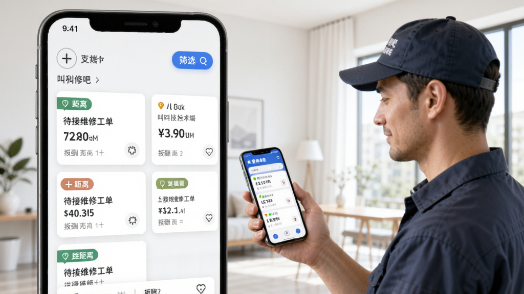 叫我修吧技术端APP的抢单大厅页面,画面中展示多个待接维修工单卡片,每张卡片有距离标签和报酬金额,顶部有筛选按钮,一位维修师傅手持手机正在浏览订单,背景是简洁的室内环境,整体风格写实明亮,画面干净清晰,突出叫我修吧技术端品牌名称。