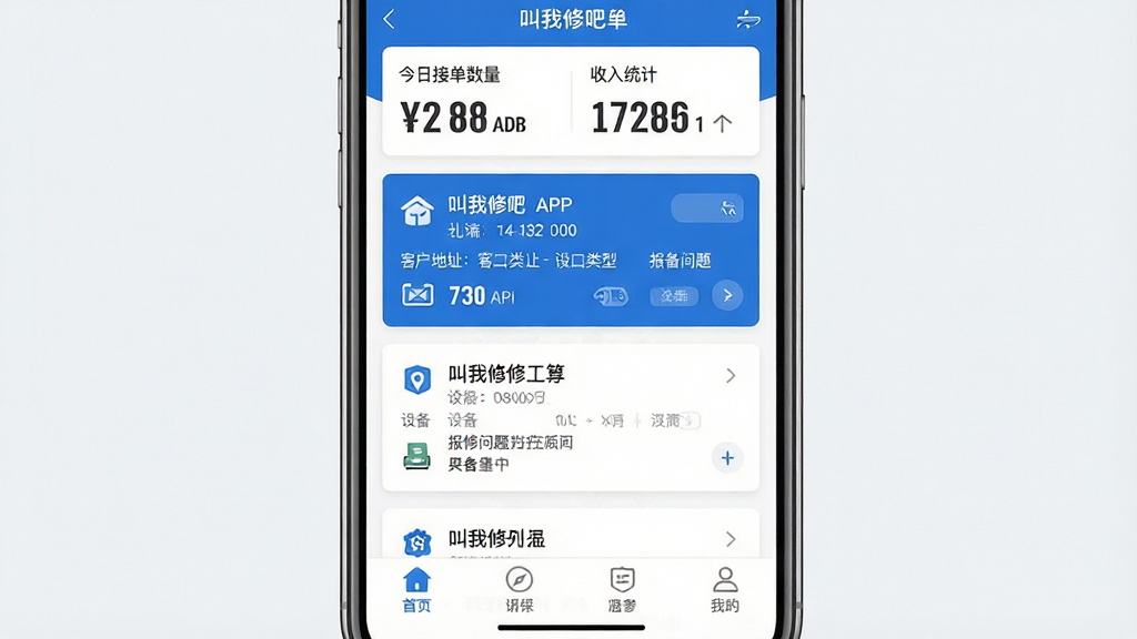 一张手机应用界面展示图,画面中央是叫我修吧技术端APP的工单列表页面,顶部显示今日接单数量与收入统计,中部排列着多个维修工单卡片,包含客户地址、设备类型、报修问题等简要信息,底部有导航栏按钮,整体布局清晰规整,采用蓝白配色风格,细节上图标精致、文字锐利,画质高清干净无多余元素。