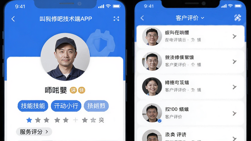叫我修吧技术端APP的个人主页页面,展示师傅头像、技能标签、服务评分和客户评价列表,页面布局清晰有层次,蓝白配色风格,画面干净无多余装饰元素。