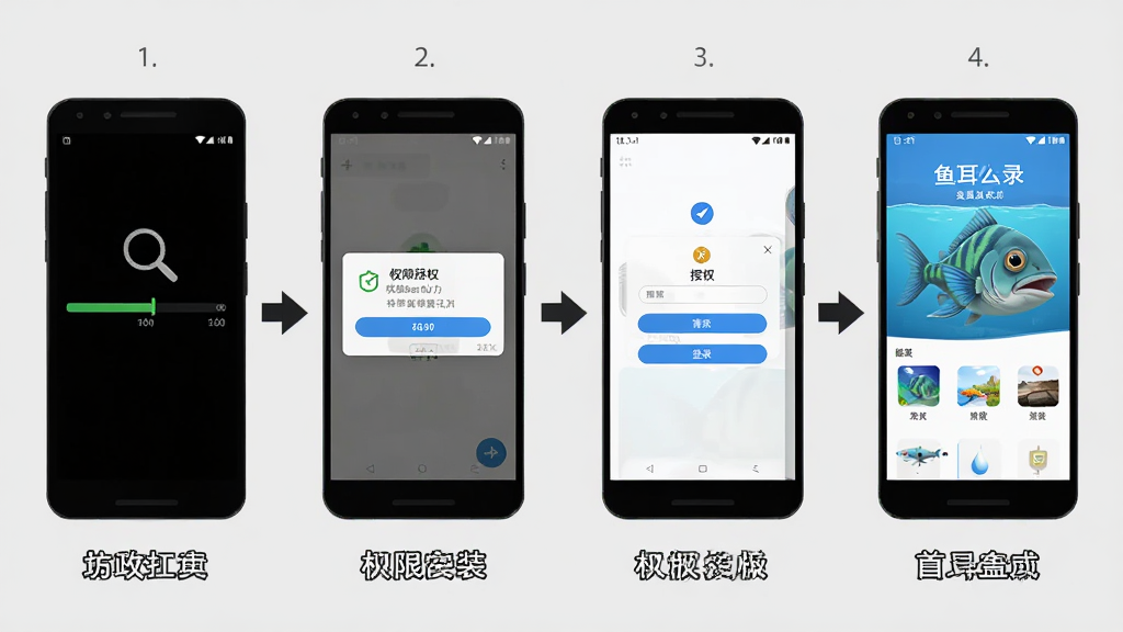 鱼耳安卓版安装步骤示意图,画面展示手机屏幕从下载到安装完成的四个步骤,包含下载进度条、权限授权弹窗、登录界面和首页展示,背景为浅灰色,风格简洁教程风,细节包括箭头指引和文字标注,画质清晰,画面干净,无多余元素