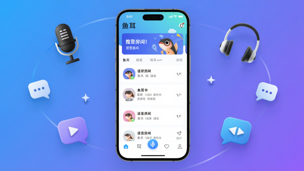 鱼耳语音社交软件主界面展示,画面中央放置一个圆角矩形手机屏幕,屏幕内显示鱼耳APP首页,包含语音房间列表、顶部推荐横幅和底部导航栏,周围环绕麦克风、耳机、聊天气泡等社交元素图标,整体采用蓝紫色渐变背景,风格清新现代,细节丰富,画质清晰,画面干净,无多余元素
