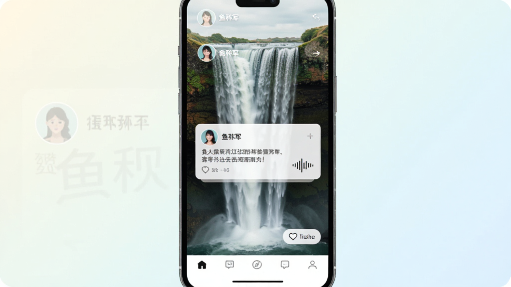 鱼耳动态广场页面,画面中央为手机屏幕,屏幕内展示瀑布流动态卡片,卡片包含用户头像、昵称、文字内容和语音波形图标,背景为浅色渐变,风格简约清新,细节包括点赞评论按钮和底部导航,画质清晰,画面干净,无多余元素
