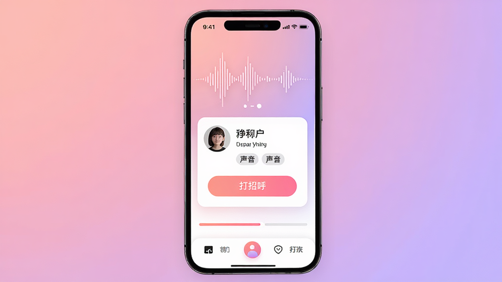 鱼耳声音匹配界面,画面中央为手机屏幕,屏幕内显示声波匹配动画和推荐用户卡片,卡片包含头像、昵称、声音标签和打招呼按钮,背景为柔和的粉紫渐变,风格温馨社交,细节包括匹配进度条和底部操作栏,画质清晰,画面干净,无多余元素