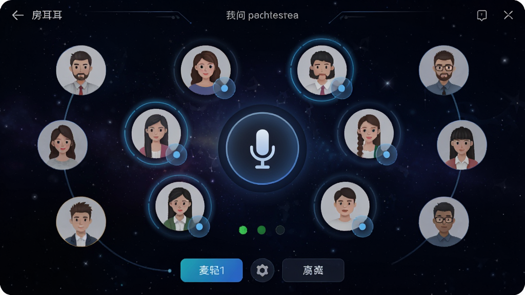 鱼耳多人语音房间界面,画面展示一个圆形头像排列的语音房间布局,多个用户头像围绕中心麦克风图标分布,部分头像带有发言波纹动效,背景为深色星空渐变,风格科技感十足,细节包括房间名称、麦位状态、底部操作按钮,画质高清,画面干净,无多余元素