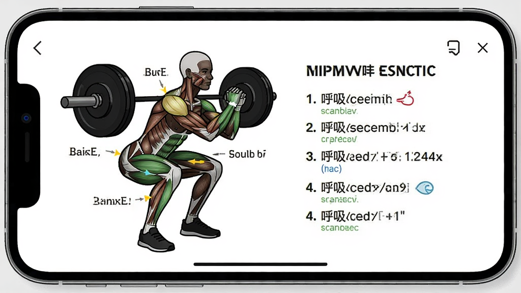 手机屏幕展示动作详情页,主体为深蹲动作示意图与文字要点,布局左图右文,排版规整,风格专业健身,细节包括肌肉高亮和呼吸提示,画质高清,干净,无多余元素