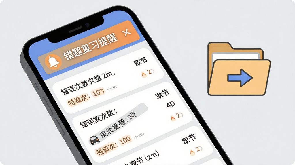 驾考助手错题本功能展示图,手机屏幕内呈现错题列表,每道错题旁标注错误次数和所属章节,屏幕上方有“错题复习提醒”的横幅通知,手机旁边有一个自动归档的文件夹图标和箭头示意,风格为扁平插画,布局为手机倾斜放置,背景为浅灰色,画质清晰,干净整洁