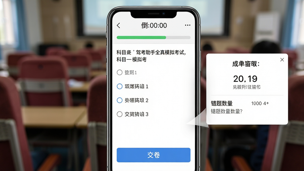 驾考助手全真模拟考试界面截图,手机屏幕显示科目一模拟考试中,顶部有倒计时和进度条,中间是单选题题干和四个选项,底部有交卷按钮,画面右侧漂浮着一个成绩单弹窗,显示分数和错题数量,风格为写实UI展示,布局为手机正面居中,背景为考场座位虚化,画质高清,干净无杂乱元素