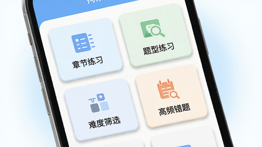 驾考助手专项练习模式界面,手机屏幕展示多个练习模块卡片,包括“章节练习”“题型练习”“难度筛选”“高频错题”等选项,每个卡片配有对应图标,画面采用网格布局,风格为清新浅色系,细节上卡片有轻微阴影,背景为白色带淡蓝光晕,画质干净,无多余装饰