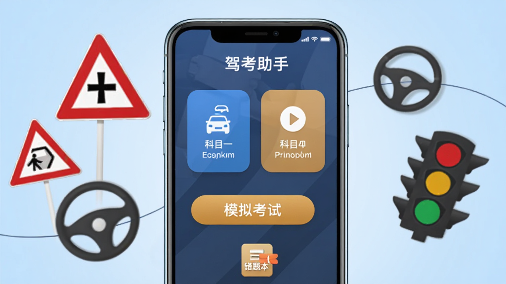 驾考助手是一款手机驾考理论学习软件,画面中央展示一部智能手机,屏幕内呈现驾考助手应用主界面,包含科目一和科目四的题库练习入口、模拟考试按钮和错题本图标,手机周围漂浮着交通标志、方向盘、红绿灯等元素,布局采用居中对称排版,风格为扁平化科技感,细节上手机边框带有轻微光泽,背景为浅蓝色渐变,画质清晰干净,无多余元素