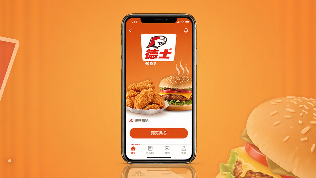 一张展示德克士手机App首页界面的产品预览图,主体为居中放置的智能手机,屏幕内清晰显示德克士品牌Logo与炸鸡汉堡套餐图片,背景为暖橙色渐变,布局采用居中对称构图,风格为现代扁平化UI展示,细节包括手机边框高光、界面按钮图标与底部导航栏,画质为高清渲染,画面干净整洁,无多余元素。