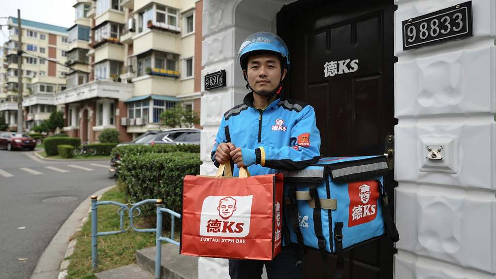 一张展示德克士外送配送场景的图片,主体为外卖骑手手持德克士包装袋站在门口,背景为城市街道与住宅楼,布局为人物居中,风格为生活纪实摄影,细节包括骑手制服、保温袋上的德克士标志、门牌号,画质为高清自然光,画面干净,无多余元素。