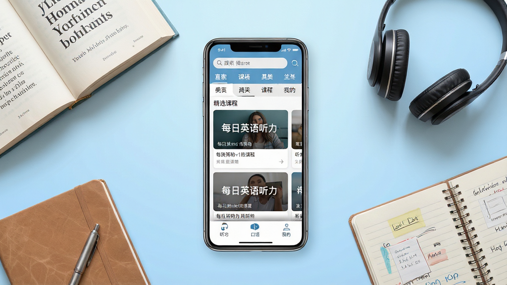 每日英语听力软件主界面全景展示,画面中央放置一部智能手机,屏幕内呈现每日英语听力APP的首页布局,顶部搜索栏与分类标签清晰可见,中部为精选听力课程卡片列表,底部导航栏包含听力、口语、我的等图标。手机周围环绕英文书籍、耳机、笔记本等学习元素,背景为浅蓝色渐变,整体风格清新简约,细节丰富,画质高清,文字内容标注为“每日英语听力”,画面干净整洁,无多余装饰元素。