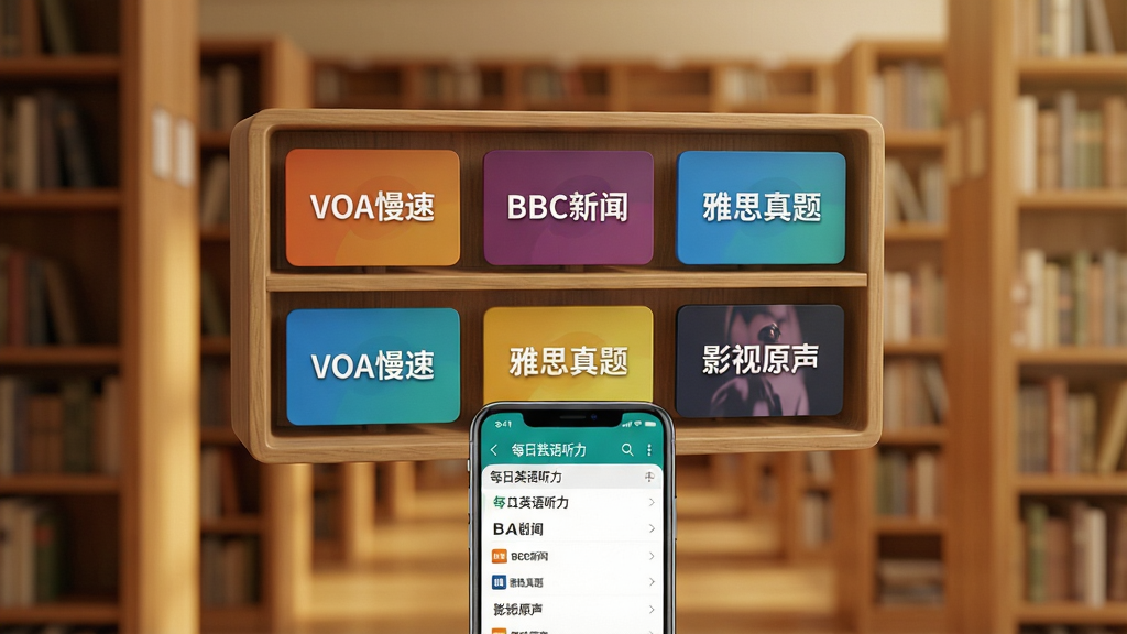 每日英语听力海量资源库界面展示,画面主体为一个悬浮的虚拟书架,书架上整齐排列不同颜色的音频卡片,每张卡片标注“VOA慢速”“BBC新闻”“雅思真题”“影视原声”等字样。书架前方放置一部手机,屏幕显示每日英语听力APP的分类浏览页面,背景为暖色调图书馆场景,光线柔和,风格写实细腻,画质高清,文字内容包含“每日英语听力”,画面干净无杂乱元素。