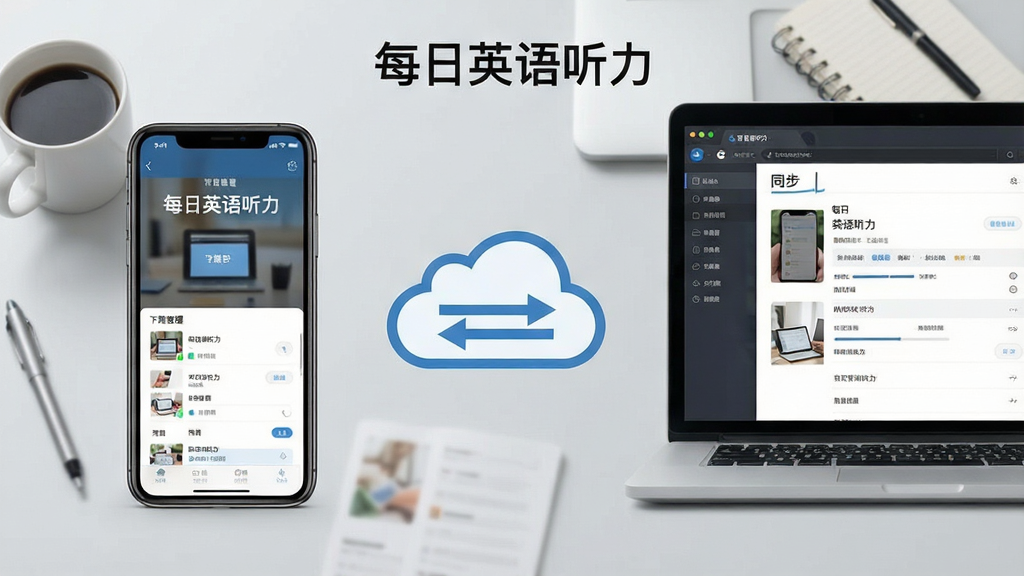每日英语听力离线下载与同步功能示意图,画面左侧为一部手机展示下载管理界面,右侧为一台笔记本电脑展示同步后的学习进度页面,中间用云朵图标与双向箭头连接,象征数据互通。背景为浅灰色办公桌面,放置咖啡杯与笔记本,风格商务简约,画质高清,文字标注“每日英语听力”,画面整洁无多余元素。