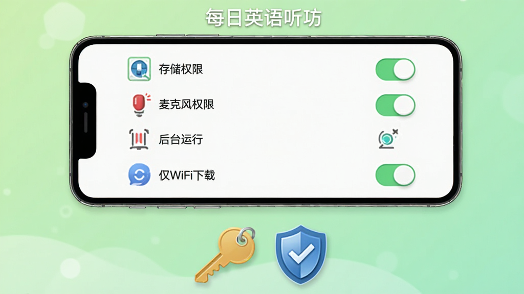 每日英语听力移动端使用指南示意图,画面为一部手机展示APP的设置页面,屏幕内列出存储权限、麦克风权限、后台运行、仅WiFi下载等选项开关,每个选项旁配有图标说明。手机下方放置一把钥匙与盾牌图标,象征安全设置。背景为浅绿色渐变,风格清新友好,画质高清,文字包含“每日英语听力”,画面干净无多余装饰。