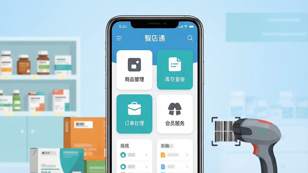 һ��չʾ�ǵ�ͨAPP�ƶ��˽��������Ч��ͼ������������һ�����������ֻ����ֻ���Ļ�ڳ����ǵ�ͨӦ�õ���ҳ��������Ʒ����������ѯ��������������Ա�����ģ��ͼ�꣬�ֻ���Χ������ҩ����ܡ�ҩ�С�ɨ��ǹ��Ԫ�أ����ֲ������Ĺ�ͼ���Ű������������Ϊ�ִ���ƽ���Ƽ��磬ϸ�����ֻ��߿�����΢���⣬����Ϊǳ�����䣬���ʸ��壬�ɾ����޶���Ԫ�ء�