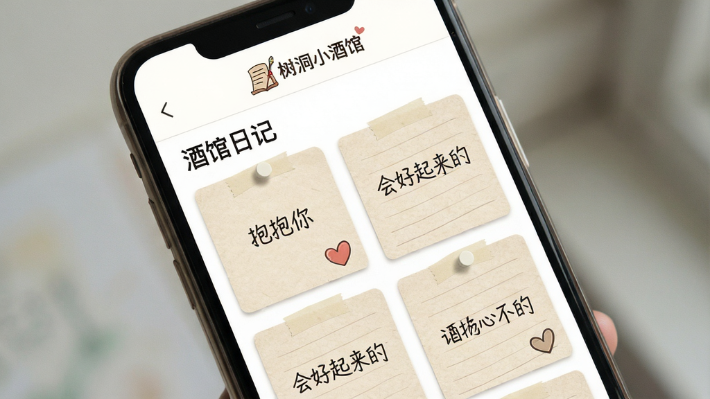 手机界面展示“酒馆日记”页面,页面中排列着多张便签卡片,每张卡片上写着暖心的回复文字,如“抱抱你”“会好起来的”,卡片背景是浅米色纸张纹理,页面顶部有“树洞小酒馆”的Logo,整体排版疏朗,风格清新治愈,画质清晰,无多余装饰