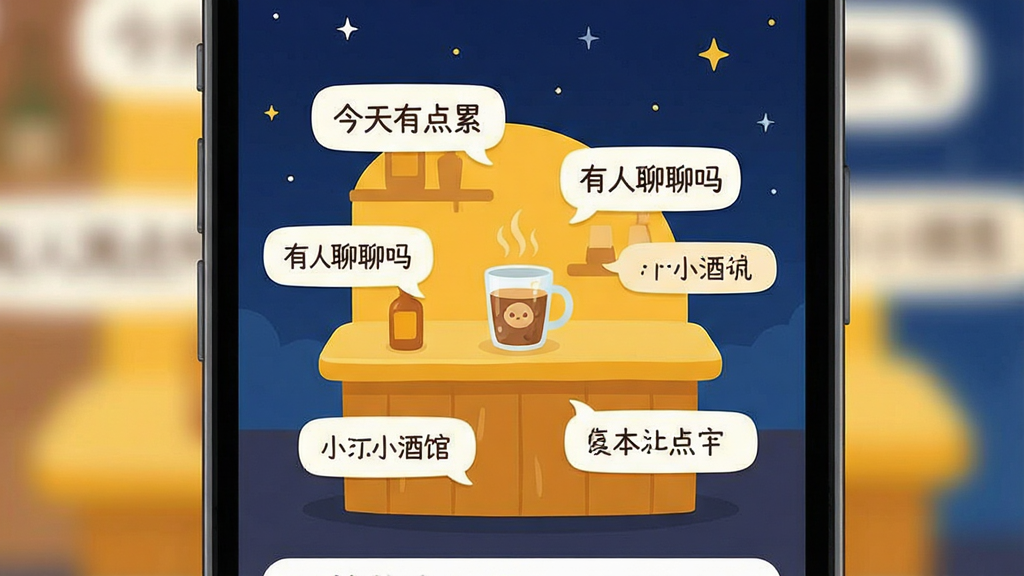 一张手机屏幕展示树洞小酒馆应用主界面,画面中央是暖黄色调的酒馆吧台插画,吧台上放着一杯冒热气的饮品,周围环绕着匿名用户发送的文字气泡,气泡中写着“今天有点累”“有人聊聊吗”等短句,背景是深蓝色夜空与点点星光,整体风格温馨治愈,扁平插画风,排版简洁,画质清晰,干净无多余元素
