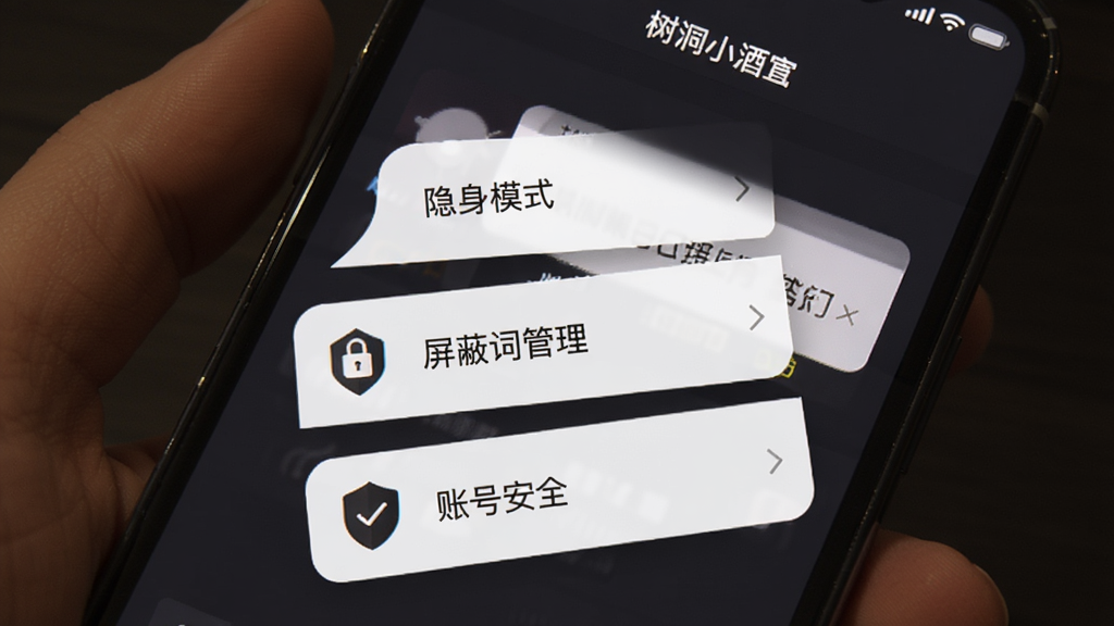 手机屏幕展示树洞小酒馆的隐私设置页面,页面中有“隐身模式”“屏蔽词管理”“账号安全”等选项,旁边配有锁形图标和盾牌图标,背景为深色模式下的界面,文字清晰,排版整齐,风格简洁安全,画质干净