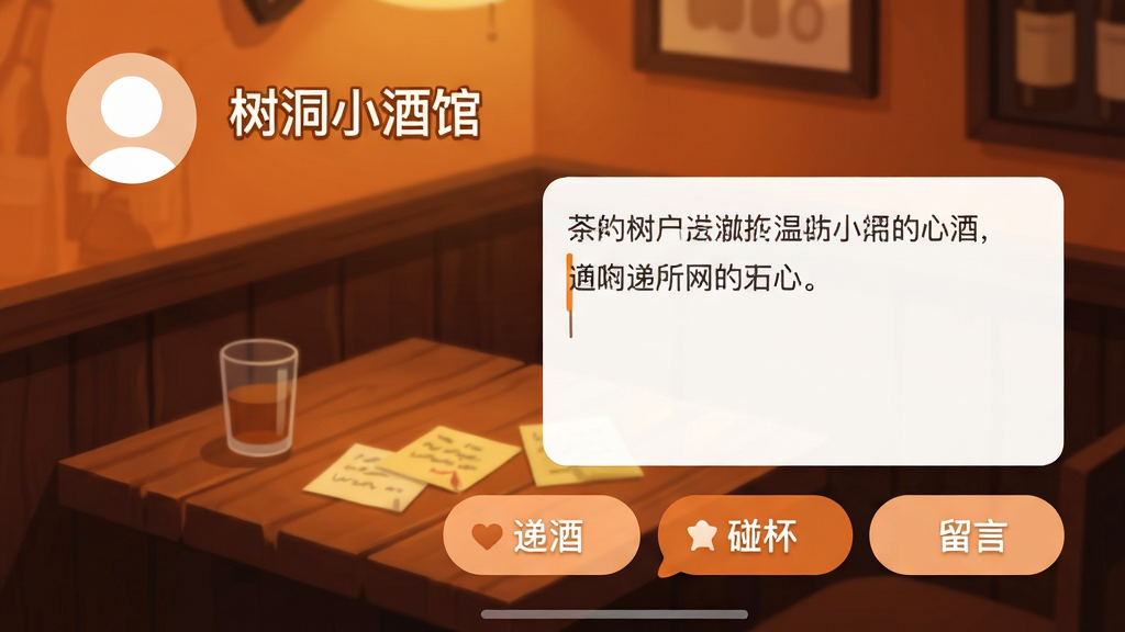 手机界面截图风格,画面中一个匿名头像旁显示“树洞小酒馆”字样,用户正在输入一段心事文字,下方有“递酒”“碰杯”“留言”三个互动按钮,背景是柔和暖光的小酒馆角落,木桌上有酒杯和便签纸,整体色调偏暖橙与深棕,扁平UI风格,排版清晰,画质干净
