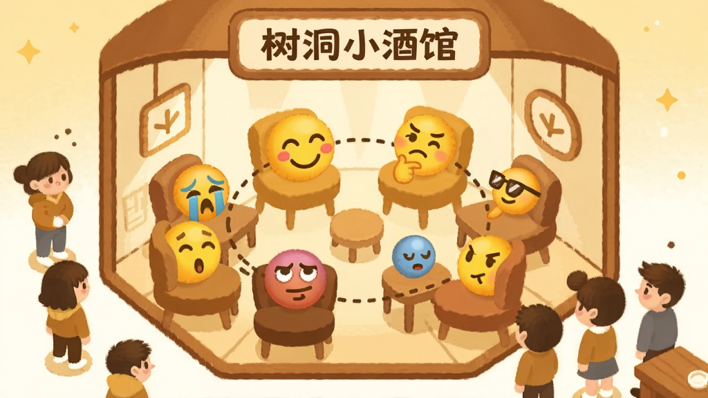 概念插画,画面中央是一间名为“树洞小酒馆”的虚拟房间,房间内有六个座位,每个座位上有不同的情绪表情符号,如哭脸、笑脸、思考脸等,座位之间用虚线连接表示匹配关系,房间外有更多用户在排队等待进入,整体风格为温暖治愈的扁平插画,色调以暖黄、浅棕为主,画质细腻干净