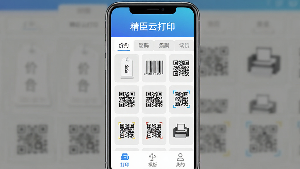 �����ƴ�ӡ���������棬�ֻ���Ļ������ʾ���Ϸ�Ϊ��ɫ���������д�С������ƴ�ӡ���������в�Ϊ��ǩģ���������У�������ǩ�����롢��ά�������ͼ���ײ�Ϊ��ӡ��ģ�塢�ҵ���������ͼ�꣬���岼����������ƽ��UI���ϸ�ھ��£����ʸɾ����޶���Ԫ�أ��ʺ���������վչʾͼ