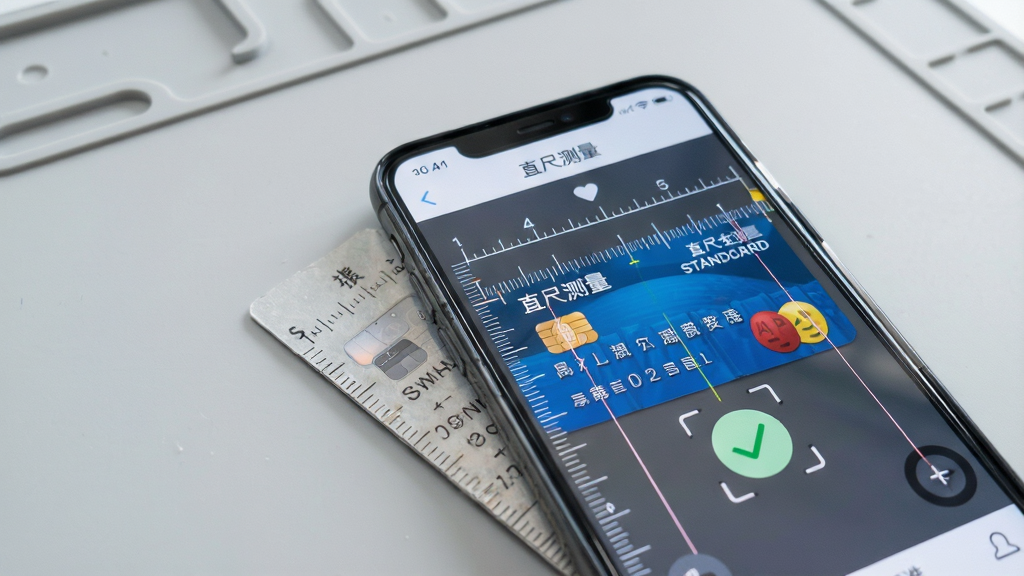 手机屏幕显示“直尺测量”校准界面,一把标准银行卡贴在屏幕旁作为参照,画面中有清晰的刻度对比线和校准完成的对勾图标,背景是整洁的浅灰色工作台,风格简洁明快,细节清晰,画质高清,干净无多余元素