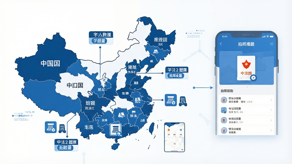 一张信息图表式画面,中央为中华人民共和国地图轮廓,地图上分布多个省份标签,每个标签连接一个小型题库图标,右侧展示学法减分拍照搜题软件界面缩略图,布局为左图右文,风格为简约商务蓝白配色,细节包含省份名称、题库数量标注,画质高清干净无多余元素