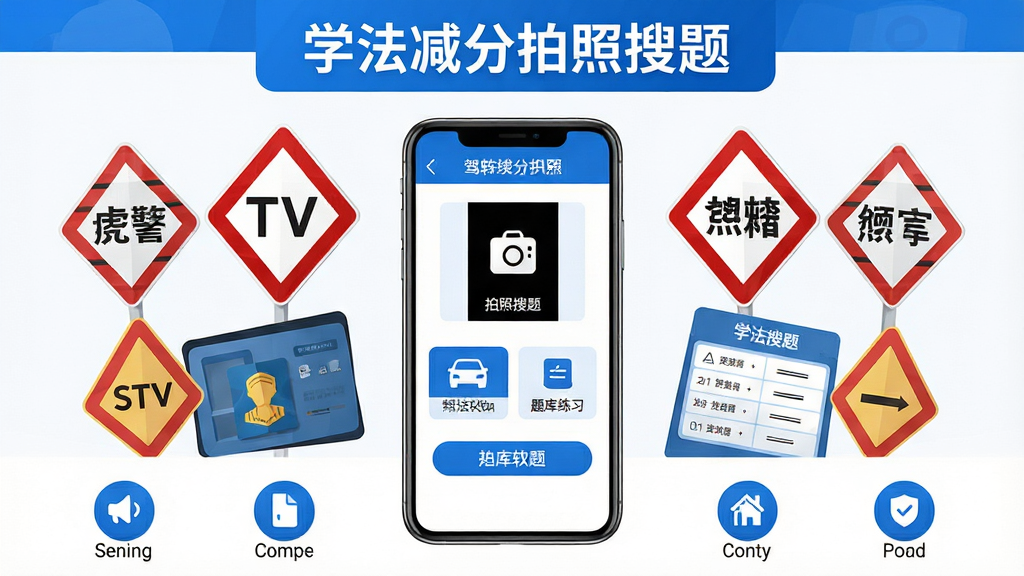 画面中央展示一部智能手机,手机屏幕显示学法减分拍照搜题应用主界面,界面中有拍照搜题按钮和题库练习入口,手机周围环绕交通标志、驾驶证、答题卡等元素,布局采用左右对称式构图,上方为软件名称横幅,下方为功能图标排列,风格为扁平化科技蓝搭配白色背景,细节包含清晰的按钮图标和文字标签,画质高清干净无多余元素,整体呈现专业驾考工具氛围