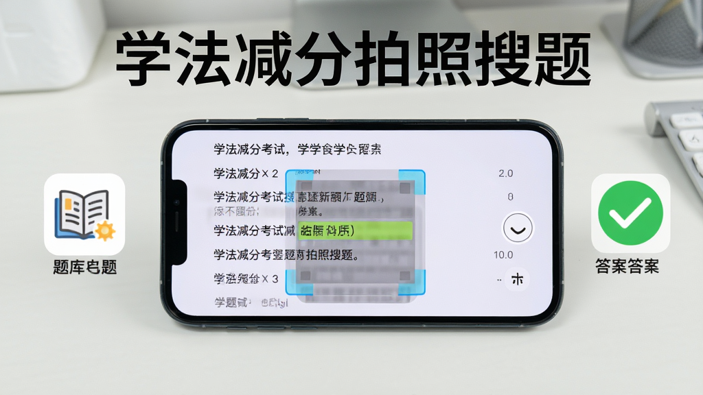 一部手机横屏拍摄学法减分考试题目,手机屏幕显示识别框和匹配出的答案,背景为简洁的桌面环境,布局为手机居中、左侧显示题库图标、右侧显示答案对勾,风格为写实科技风,细节包含题目文字清晰可辨、答案高亮标注,画质高清干净,画面中文字标注学法减分拍照搜题字样,无多余元素