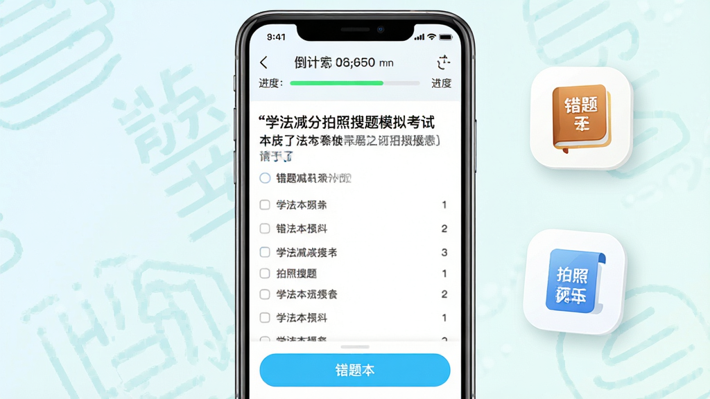 手机屏幕显示学法减分拍照搜题模拟考试界面,顶部有倒计时和进度条,中部为考试题目和选项,底部有错题本入口按钮,画面右侧漂浮错题本图标和成绩单图标,布局为手机居中、图标环绕,风格为清新浅色教育风,细节包含题目文字清晰、按钮高亮,画质高清干净,文字标注学法减分拍照搜题,无多余元素