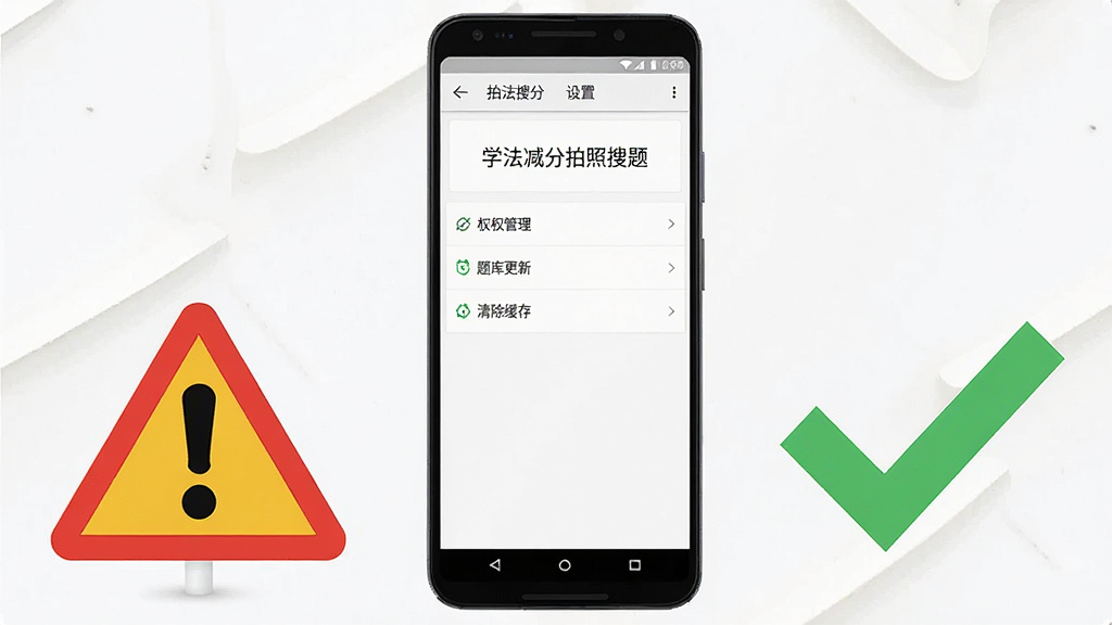 一部安卓手机屏幕显示学法减分拍照搜题设置界面,界面中有权限管理、题库更新、清除缓存等选项,手机旁边放置一个警示标志和一个对勾标志,布局为手机居中、左右各一个图标,风格为简约扁平风,细节包含选项文字清晰、警示标志为红色、对勾为绿色,画质高清干净,画面中文字标注学法减分拍照搜题,无多余元素