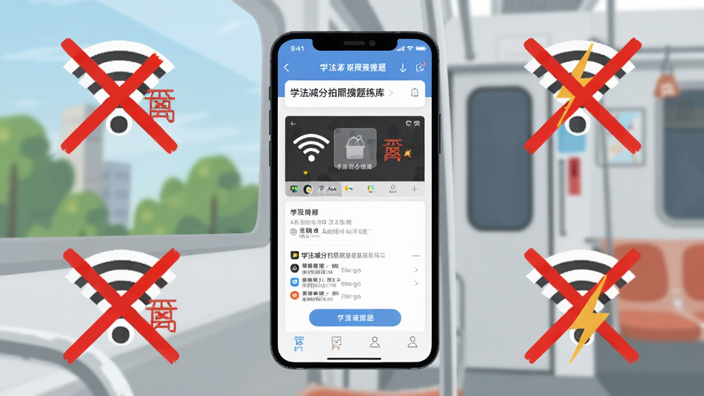 一部手机放置在有WiFi图标被划掉的场景中,手机屏幕仍正常显示学法减分拍照搜题题库练习界面,背景为户外或地铁车厢,布局为手机居中、周围有离线图标和闪电符号,风格为扁平插画风,细节包含手机屏幕内容清晰、离线标识醒目,画质高清干净无多余元素