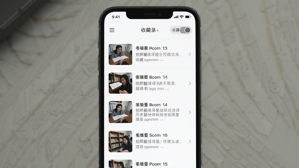 一张展示拍照翻译星历史记录与收藏功能的界面图,画面是一部手机屏幕截图,显示拍照翻译星的记录列表页面,每条记录左侧是缩略图,右侧是翻译摘要,顶部有收藏标签切换按钮。布局为垂直列表排版,风格为简洁UI设计展示,细节包括清晰的图标和留白,画质高清,干净无杂乱。