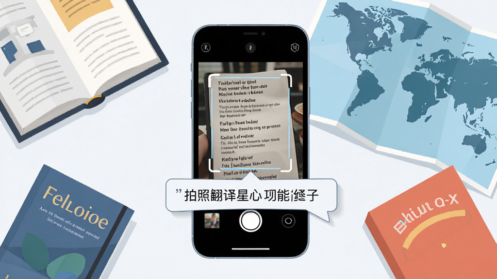 一张展示拍照翻译星核心功能的场景图,画面中央是一部智能手机,手机屏幕上显示着拍照翻译星的相机取景界面,取景框内是一段英文菜单,屏幕下方浮现出对应的中文翻译结果。手机周围散落着几本外文书籍和一张世界地图。整体布局采用居中构图,风格为现代科技感扁平插画,细节包括清晰的文字识别框和翻译气泡,画质清晰,画面干净,无多余元素。