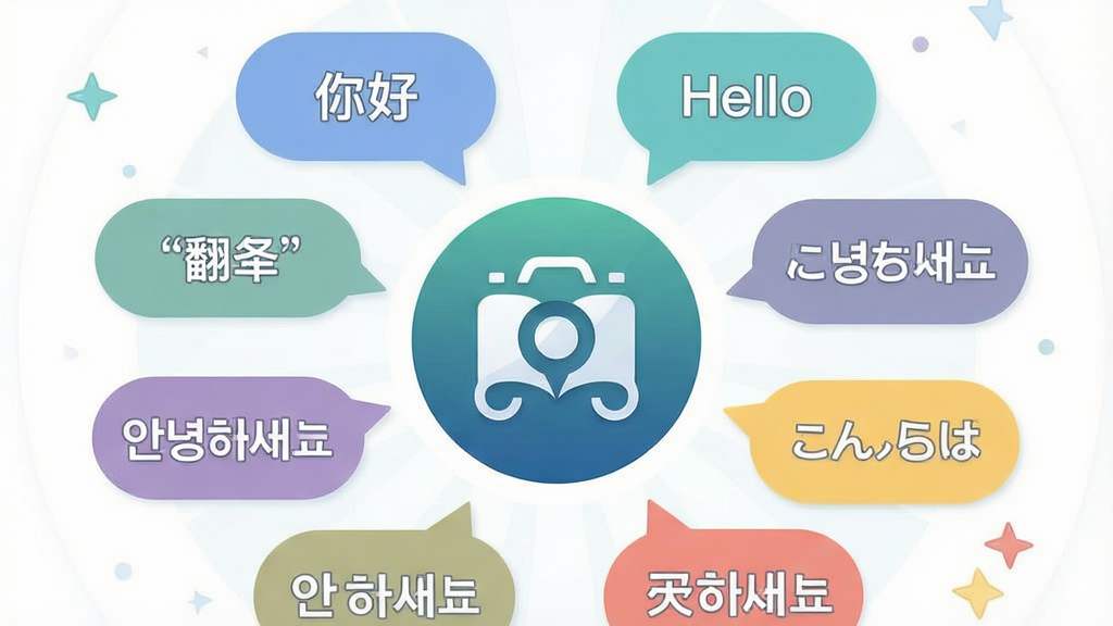 一张展示拍照翻译星多语种翻译功能的示意图,画面中央是拍照翻译星的圆形图标,周围环绕着代表不同国家的语言气泡,气泡内分别写着“你好”“Hello”“こんにちは”“”等文字。布局为放射状环绕构图,风格为清新扁平化设计,细节包括柔和渐变色和清晰的图标线条,画质干净,无多余元素。