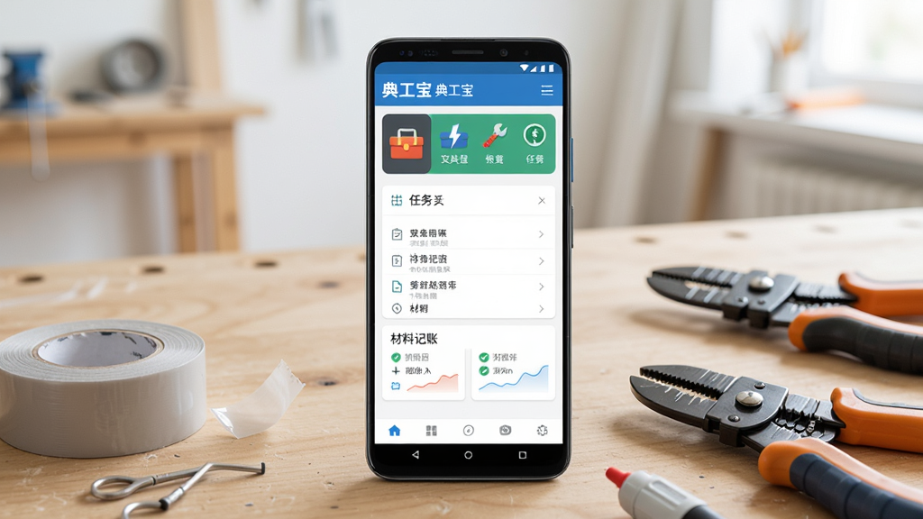 画面主体是一部安卓手机,屏幕中显示典工宝应用主界面,界面布局包含工具箱图标、任务列表、材料记账卡片等模块,手机放置在一张整洁的木质工作台上,旁边散落着电工胶带、剥线钳、测电笔等工具,背景为明亮的室内环境,整体采用写实产品展示风格,细节清晰,色彩自然,画质干净,无多余元素,图片中不出现任何文字。