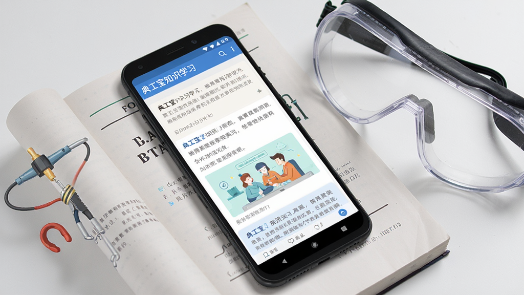 安卓手机屏幕展示典工宝知识学习界面,界面中有文章列表和插图,手机斜放在一本打开的电工手册上,旁边有一副护目镜,背景干净整洁,写实风格,画质清晰,无多余元素,图片中不出现任何文字。