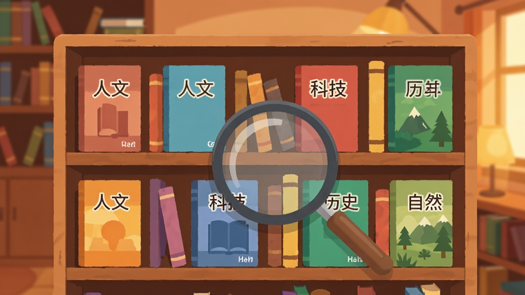 一个虚拟的电子书架界面,书架上排列着不同颜色封面的书籍,每本书封面标注着