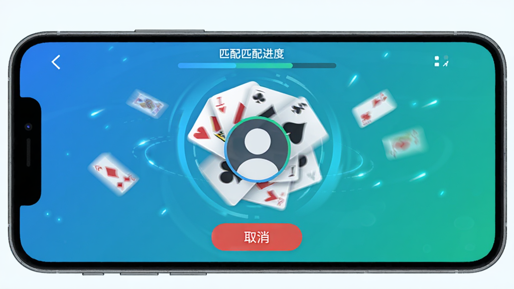 微壳三打哈在线匹配界面,主体为手机屏幕显示正在匹配对手的动画,布局中央是旋转的扑克牌与玩家头像占位,排版上方显示匹配进度下方显示取消按钮,风格为科技感扁平化,细节包含蓝绿色渐变背景、动态光效、扑克牌元素,画质清晰干净无多余元素