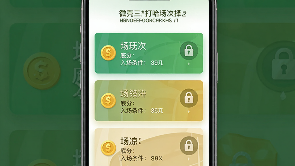 微壳三打哈场次选择界面,主体为手机屏幕展示多个场次入口卡片,布局为纵向排列的卡片列表,排版每张卡片包含场次名称底分与入场条件,风格为清新扁平化,细节包含金币图标、锁形图标、绿色与金色配色,画质高清干净无多余元素