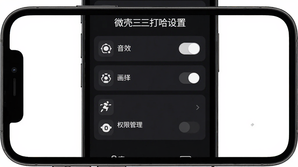 微壳三打哈设置界面,主体为手机屏幕展示游戏设置选项,布局为纵向列表包含音效开关画质选择权限管理,排版清晰每项带有图标与文字说明,风格为简约实用,细节包含深色背景、白色文字、开关按钮,画质高清干净无多余元素