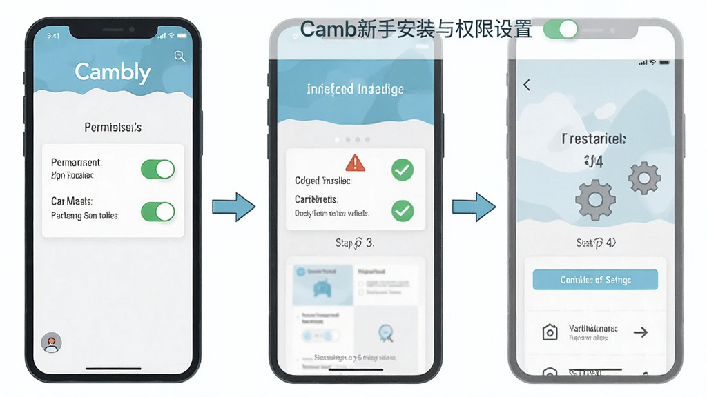 一张展示Cambly新手安装与权限设置的示意图,主体为手机屏幕显示权限开关与安装界面,布局为分步展示,排版清晰,风格为扁平化教程插画,细节包含勾选标记、警告图标、设置齿轮,画质高清,干净,无多余元素