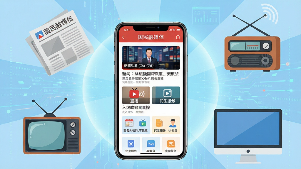 国民融媒体是一款综合型新闻资讯与融媒服务客户端,画面主体为一部智能手机,手机屏幕显示国民融媒体APP首页界面,包含新闻头条、直播入口、民生服务等板块,手机周围环绕着报纸、电视、广播、电脑等多媒体元素,象征融媒体融合。布局为手机居中,多媒体元素环绕四周。排版采用中心放射式构图。风格为现代科技感扁平插画风。细节:手机界面文字清晰,图标精致,背景有淡蓝色光晕和抽象数据流线条。画质高清,干净,无多余元素。