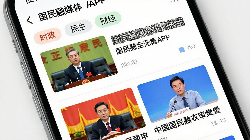 国民融媒体APP新闻资讯页面展示,画面主体为手机屏幕特写,屏幕中显示国民融媒体新闻列表界面,标题醒目,配图清晰,包含时政、民生、财经等分类标签。布局为手机正面平视。排版简洁明快。风格为写实UI界面展示。细节:新闻标题文字加粗,配图色彩鲜艳,界面干净无广告。画质高清,干净,无多余元素。