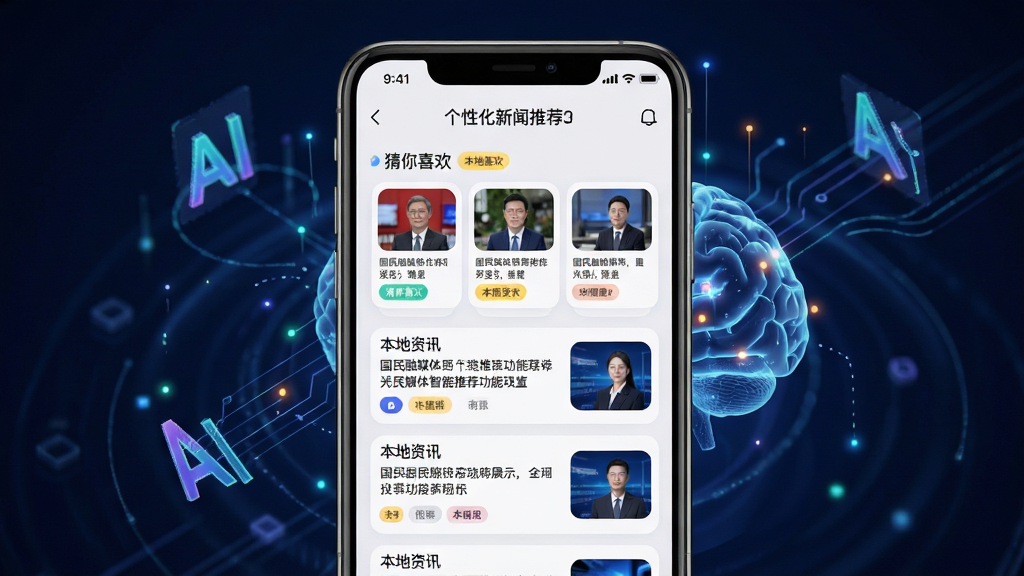 国民融媒体智能推荐功能展示,画面主体为手机屏幕显示个性化新闻推荐流,界面包含“猜你喜欢”“本地资讯”等模块。布局为手机居中,背景有AI算法抽象图形。排版突出推荐列表。风格为科技感UI风格。细节:推荐标签色彩鲜明,新闻卡片圆角设计,界面清爽。画质高清,干净,无多余元素。