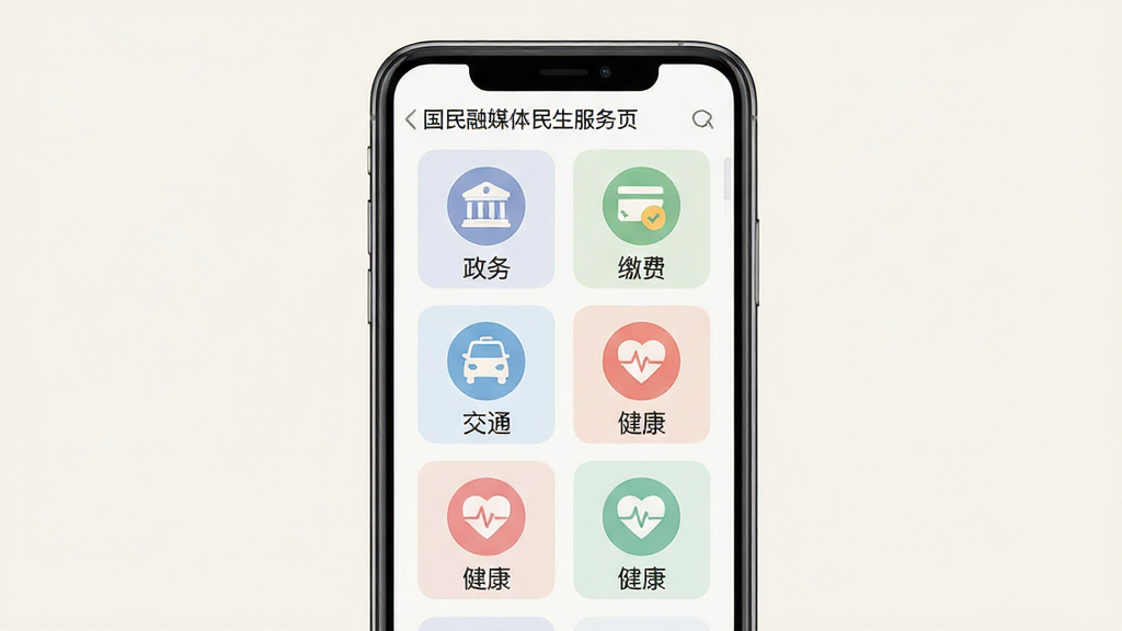 国民融媒体民生服务页面展示,画面主体为手机屏幕显示便民服务图标网格,包含政务、缴费、交通、健康等图标。布局为手机居中,图标排列整齐。排版采用网格化布局。风格为扁平化图标设计。细节:图标色彩柔和,文字标注清晰,界面背景为浅色。画质高清,干净,无多余元素。