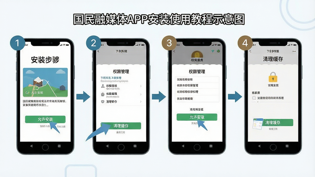 国民融媒体APP安装使用教程示意图,画面主体为手机屏幕显示安装步骤和权限设置界面,包含“允许安装”“权限管理”“清理缓存”等操作示意。布局为分步骤展示,手机屏幕并排排列。排版为教程式横向排列。风格为扁平化教程插画。细节:步骤数字标注清晰,箭头引导操作,界面文字可读。画质高清,干净,无多余元素。
